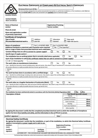 Electrical Certificate of Compliance form